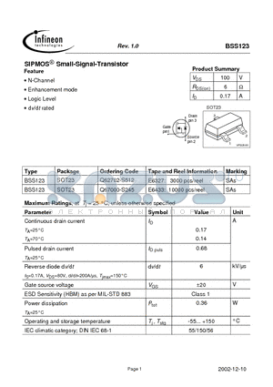 BSS123 datasheet - SIPMOS Small-Signal-Transistor