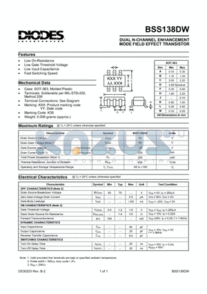 BSS138DW datasheet - DUAL N-CHANNEL ENHANCEMENT MODE FIELD EFFECT TRANSISTOR