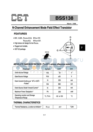 BSS138 datasheet - N-Channel Enhancement Mode Field Effect Transistor