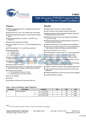 CY2037AWAF datasheet - High-Accuracy EPROM Programmable PLL Die for Crystal Oscillators