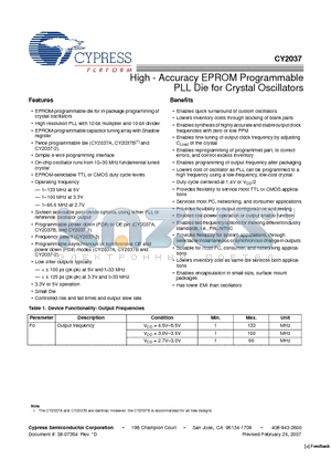 CY2037BWAF datasheet - High - Accuracy EPROM Programmable PLL Die for Crystal Oscillators