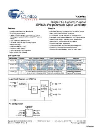 CY2071AFIT datasheet - Single-PLL General-Purpose EPROM Programmable Clock Generator