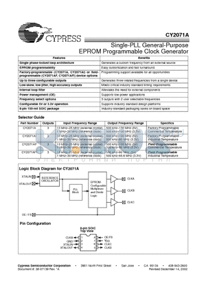 CY2071ASI datasheet - Single-PLL General-Purpose EPROM Programmable Clock Generator