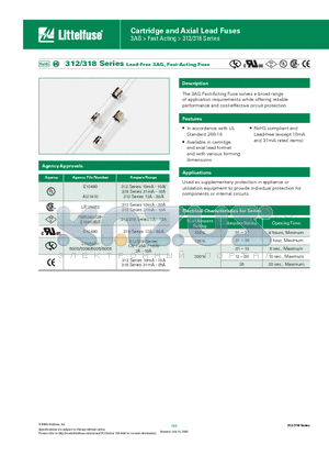 0318.750MXP datasheet - 312/318 Series Lead-Free 3AG, Fast-Acting Fuse