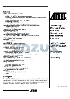 AT89C51SND1C datasheet - Single-Chip Microcontroller with MP3 Decoder and Man-Machine Interface