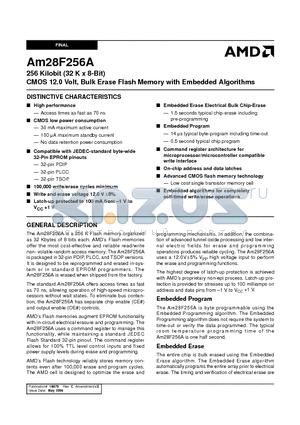 AM28F256A-120JC datasheet - 256 Kilobit (32 K x 8-Bit) CMOS 12.0 Volt, Bulk Erase Flash Memory with Embedded Algorithms