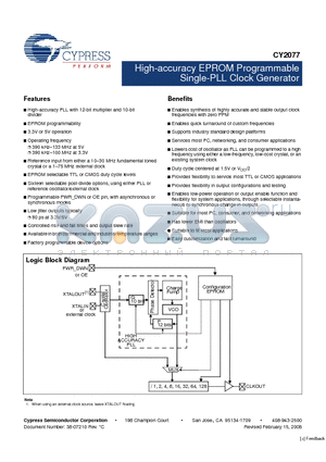 CY2077SI-XXXT datasheet - High-accuracy EPROM Programmable Single-PLL Clock Generator