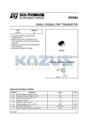 BSS63 datasheet - SMALL SIGNAL PNP TRANSISTOR