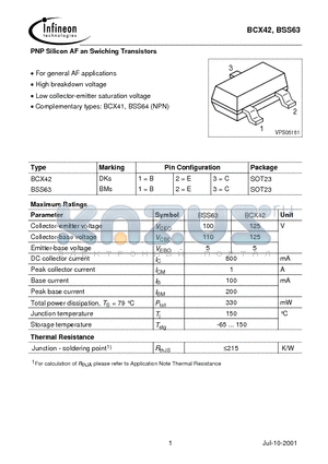 BSS63 datasheet - PNP Silicon AF an Swiching Transistors