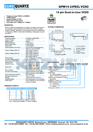 3GPW14G-A-80M-60.000 datasheet - 14 pin Dual-in-Line VCXO