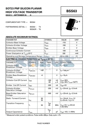 BSS63-T3 datasheet - SOT23 PNP SILICON PLANAR HIGH VOLTAGE TRANSISTOR