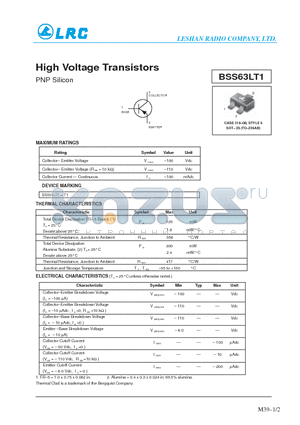 BSS63LT1 datasheet - General Purpose Transistors(PNP Silicon)