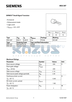 BSS297 datasheet - SIPMOS Small-Signal Transistor (N channel Enhancement mode Logic Level)