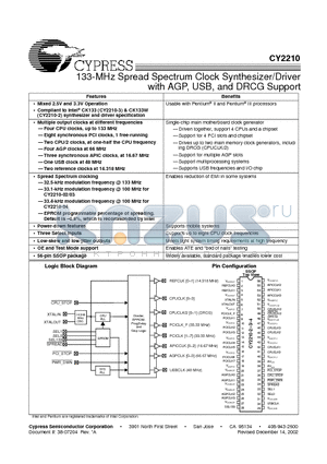 CY2210 datasheet - 133-MHz Spread Spectrum Clock Synthesizer/Driver with AGP, USB, and DRCG Support