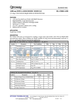 DL-5320-1490-VF datasheet - 1490 nm DFB LASER DIODE MODULE 2.5 Gbps UNCOOLED MQW DFB LD WITH PIGTAIL