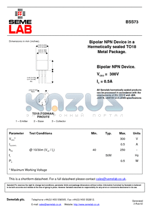 BSS73 datasheet - Bipolar NPN Device in a Hermetically sealed TO18 Metal Package