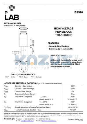 BSS76 datasheet - HIGH VOLTAGE PNP SILICON TRANSISTOR