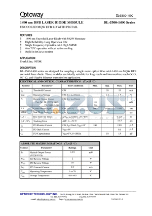 DL-5320-1490-VSS datasheet - 1490 nm DFB LASER DIODE MODULE UNCOOLED MQW DFB LD WITH PIGTAIL