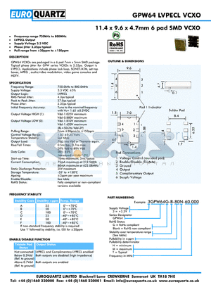 3GPW64-A-80T-60.000 datasheet - 11.4 x 9.6 x 4.7mm 6 pad SMD VCXO