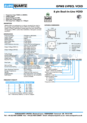 3GPW8-C-80N-60.000 datasheet - 8 pin Dual-in-Line VCXO