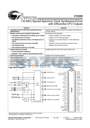 CY2220PVC-1 datasheet - 133-MHz Spread Spectrum Clock Synthesizer/Driver With Differential CPU Outputs