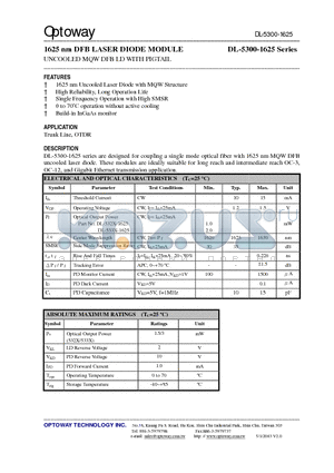 DL-5320-1625-VSAS datasheet - 1625 nm DFB LASER DIODE MODULE UNCOOLED MQW DFB LD WITH PIGTAIL