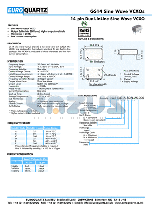 3GS14G-D-80T-25.000 datasheet - 14 pin Dual-inLine Sine Wave VCXO