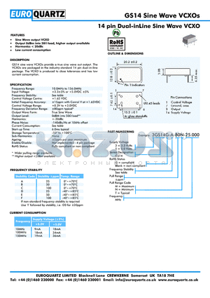 3GS14G-F-80T-25.000 datasheet - 14 pin Dual-inLine Sine Wave VCXO