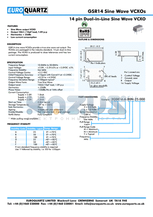 3GSR14-B-80M-25.000 datasheet - 14 pin Dual-in-Line Sine Wave VCXO