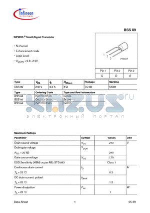 BSS89E6325 datasheet - SIPMOS Small-Signal Transistor