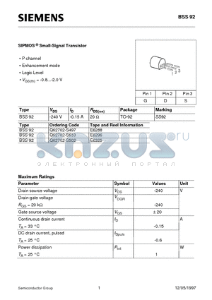 BSS92 datasheet - SIPMOS Small-Signal Transistor (P channel Enhancement mode Logic Level)