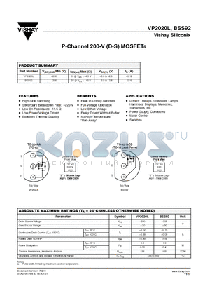 BSS92 datasheet - P-Channel 200-V (D-S) MOSFETs