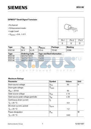 BSS98 datasheet - SIPMOS Small-Signal Transistor (N channel Enhancement mode Logic Level)