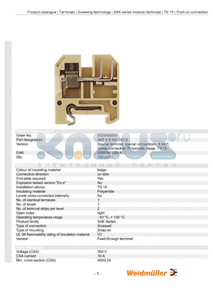 0324460000 datasheet - Special terminal, special connections, 4 mmb, Screw connection, Polyamide, beige, TS 15