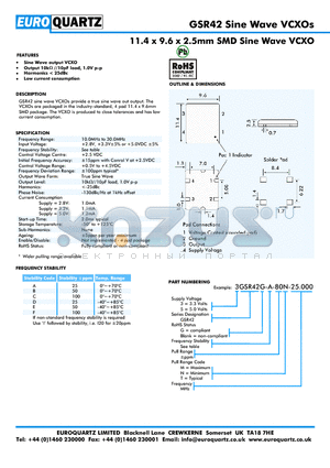 3GSR42-B-80T-25.000 datasheet - 11.4 x 9.6 x 2.5mm SMD Sine Wave VCXO