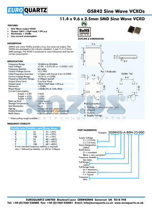 3GSR42-C-80M-25.000 datasheet - 11.4 x 9.6 x 2.5mm SMD Sine Wave VCXO