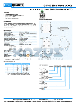 3GSR42G-B-80N-25.000 datasheet - 11.4 x 9.6 x 2.5mm SMD Sine Wave VCXO