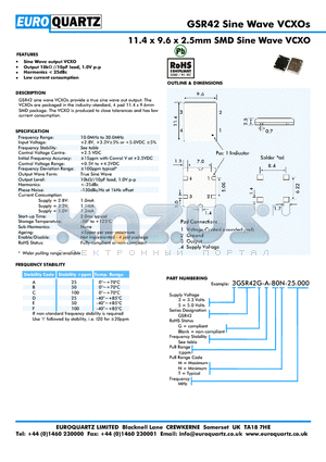 3GSR42G-C-80T-25.000 datasheet - 11.4 x 9.6 x 2.5mm SMD Sine Wave VCXO