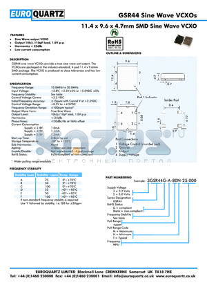 3GSR44-A-80T-25.000 datasheet - 11.4 x 9.6 x 4.7mm SMD Sine Wave VCXO
