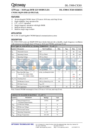 DL-5320-C270-VSS datasheet - 1270 nm ~ 1610 nm DFB LD MODULES CWDM MQW-DFB LD PIGTAIL