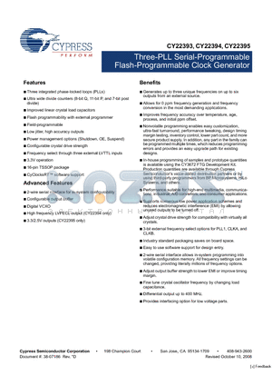 CY22393ZXI-XXXT datasheet - Three-PLL Serial-Programmable Flash-Programmable Clock Generator