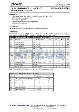 DL-5320-C330-XF datasheet - 1270 nm ~ 1610 nm DFB LD MODULES CWDM MQW-DFB LD PIGTAIL