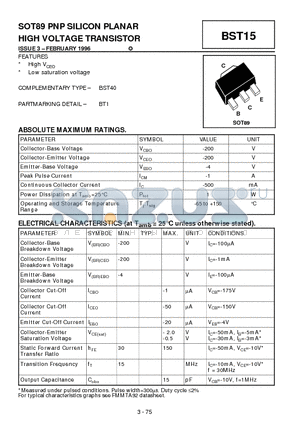 BST15 datasheet - SOT89 PNP SILICON PLANAR HIGH VOLTAGE TRANSISTOR