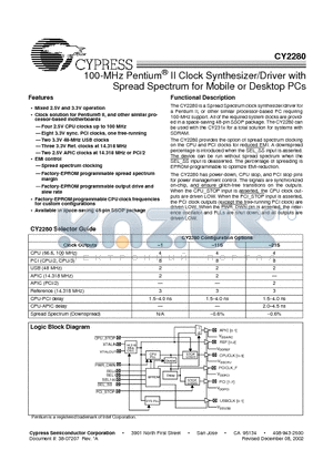 CY2280 datasheet - 100-MHz Pentium II Clock Synthesizer/Driver with Spread Spectrum for Mobile or Desktop PCs