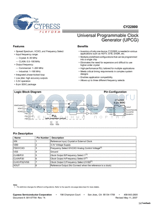 CY22800-008A datasheet - Universal Programmable Clock Generator (UPCG)