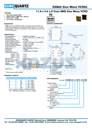 3GSR64G-F-80T-25.000 datasheet - 11.4 x 9.6 x 4.7mm SMD Sine Wave VCXO