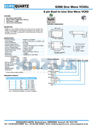 3GSR8-C-80M-25.000 datasheet - 8 pin Dual-in-Line Sine Wave VCXO