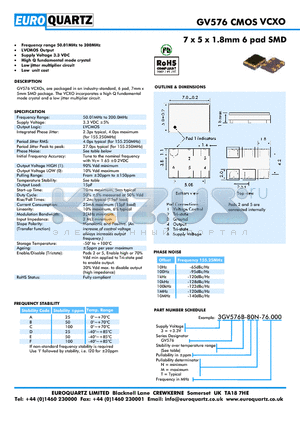 3GV576A-80T-76.000 datasheet - 7 x 5 x 1.8mm 6 pad SMD