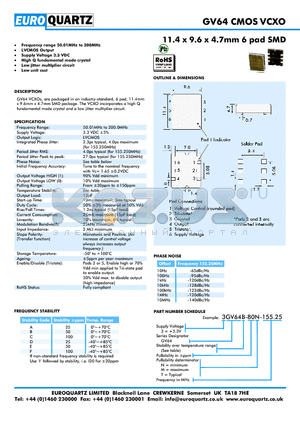 3GV64C-80M-155.25 datasheet - 11.4 x 9.6 x 4.7mm 6 pad SMD