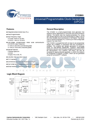 CY22801KFXI datasheet - Universal Programmable Clock Generator (UPCG)